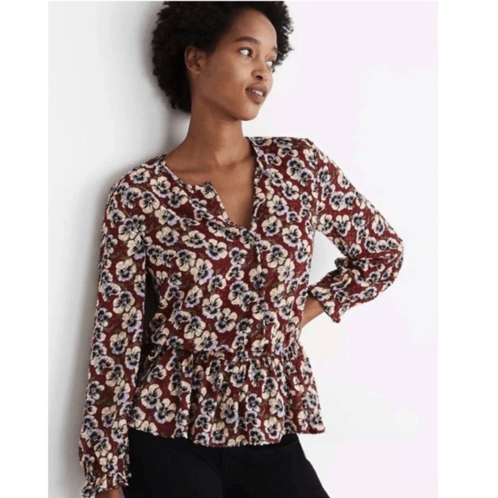 Madewell Women L Blouse Floral Print Peplum Hem Ruffle Sleeves Cottagecore Comfy